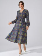 Women's Printed V-Neck Bishop Long Sleeve Midi Fit and Flare Dress