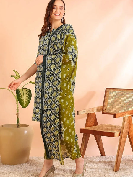 Istyle Can Olive Cotton Printed Kurta Pant Dupatta Set for Women My Store