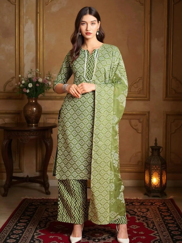 Istyle Can Mehendi Cotton Printed Kurta Pant Dupatta Set for Women My Store