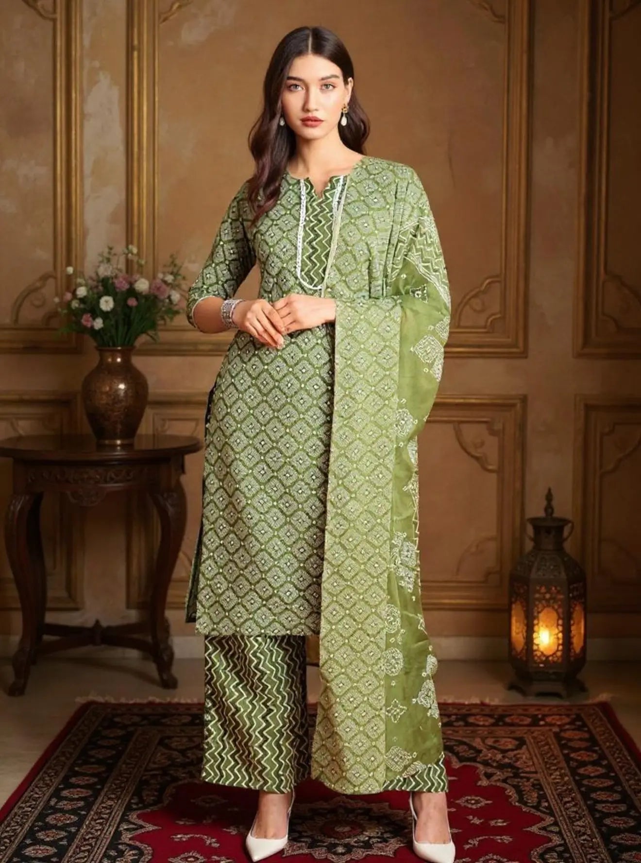 Istyle Can Mehendi Cotton Printed Kurta Pant Dupatta Set for Women My Store