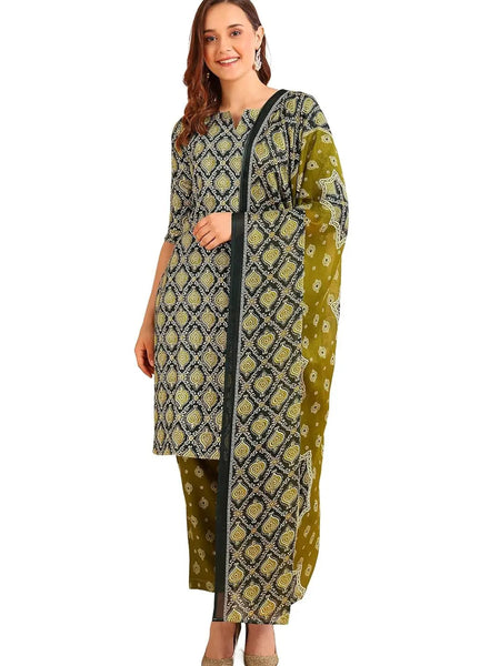 Istyle Can Olive Cotton Printed Kurta Pant Dupatta Set for Women My Store
