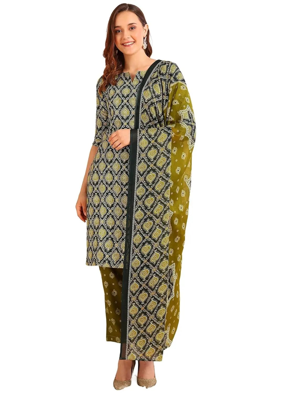 Istyle Can Olive Cotton Printed Kurta Pant Dupatta Set for Women My Store Main image