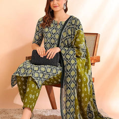 Istyle Can Olive Cotton Printed Kurta Pant Dupatta Set for Women My Store