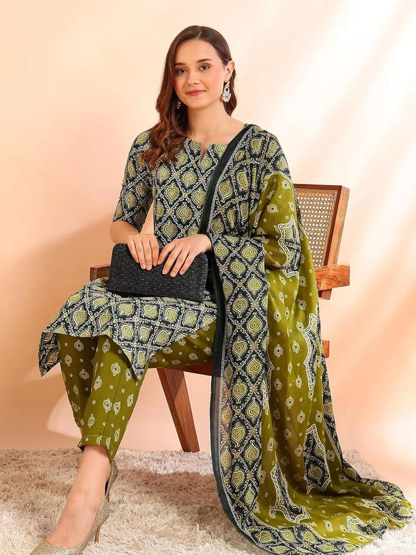 Istyle Can Olive Cotton Printed Kurta Pant Dupatta Set for Women My Store