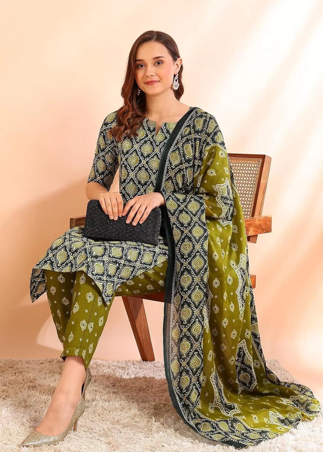 Istyle Can Olive Cotton Printed Kurta Pant Dupatta Set for Women My Store