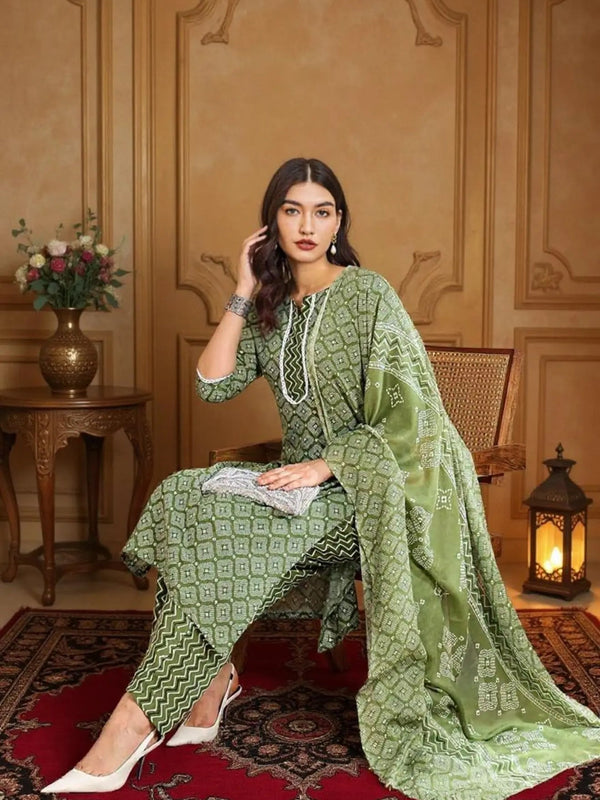 Istyle Can Mehendi Cotton Printed Kurta Pant Dupatta Set for Women My Store