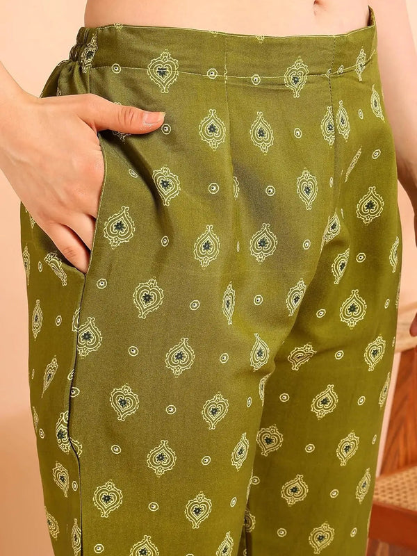 Istyle Can Olive Cotton Printed Kurta Pant Dupatta Set for Women My Store