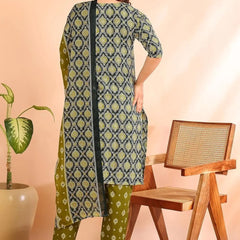 Istyle Can Olive Cotton Printed Kurta Pant Dupatta Set for Women My Store