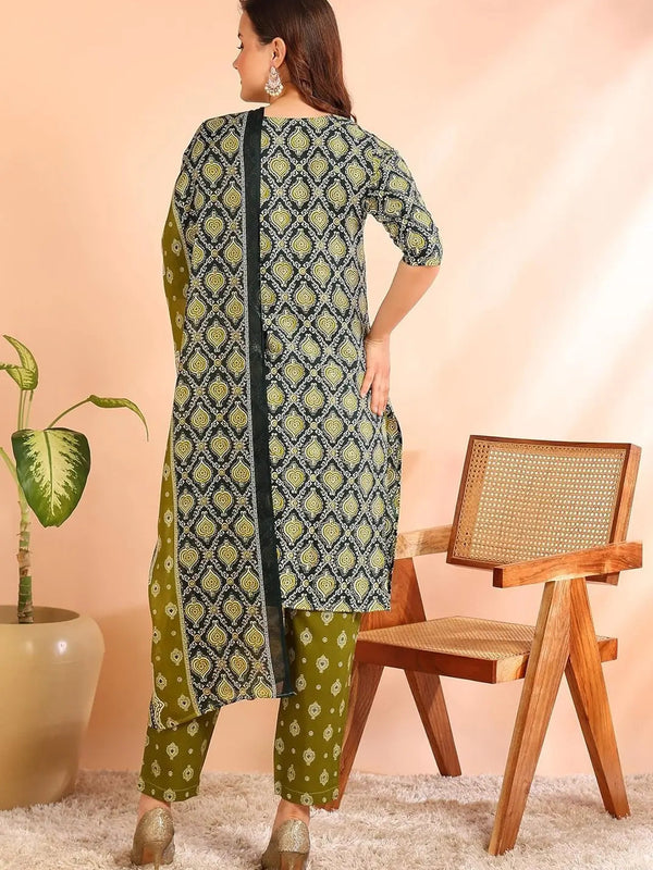 Istyle Can Olive Cotton Printed Kurta Pant Dupatta Set for Women My Store