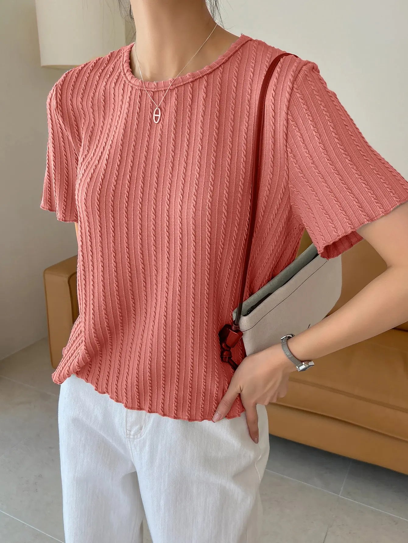 Women Korean Short Sleeve Round Neck Regular Onion Color T Shirt Secondary image