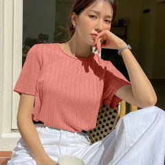 Women Korean Short Sleeve Round Neck Regular Onion Color T Shirt