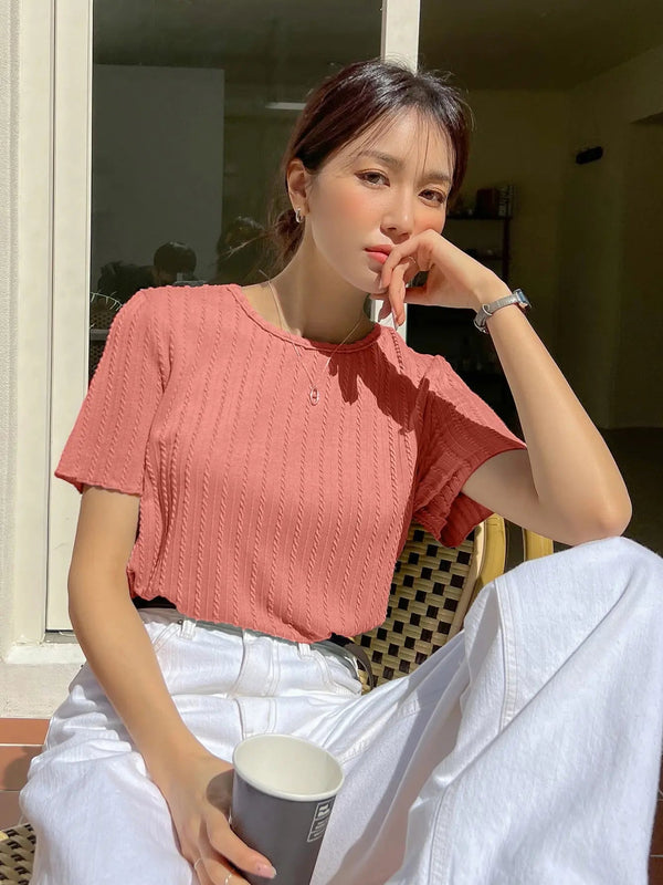 Women Korean Short Sleeve Round Neck Regular Onion Color T Shirt