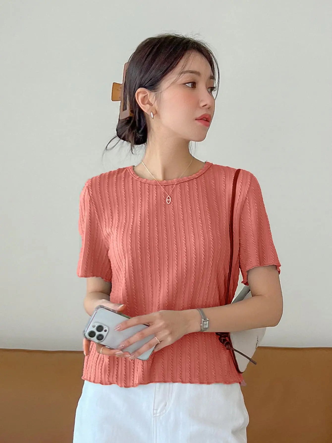 Women Korean Short Sleeve Round Neck Regular Onion Color T Shirt Main image