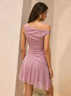 Women's Pink One Shoulder Shimmer Mini Dress