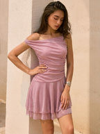 Women's Pink One Shoulder Shimmer Mini Dress