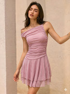 Women's Pink One Shoulder Shimmer Mini Dress