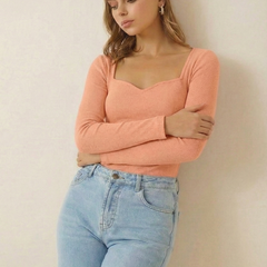 Istyle can Women's Solid Ribbed Knit Sweetheart Neck Long Sleeve Top -Peach