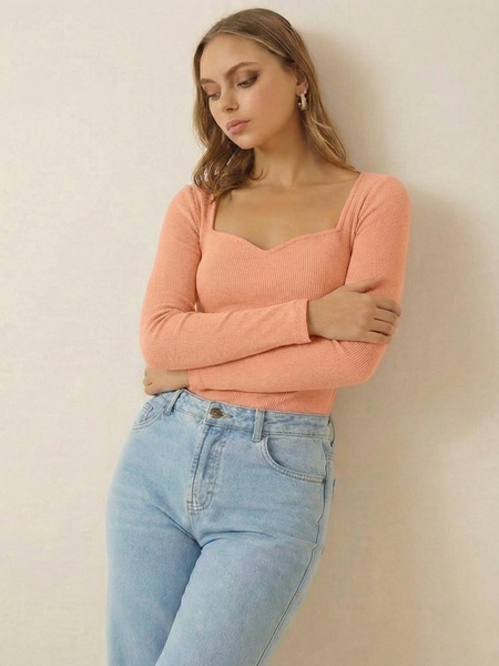 Istyle can Women's Solid Ribbed Knit Sweetheart Neck Long Sleeve Top -Peach