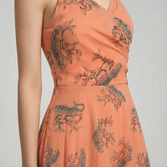 Peach V Neck Animal Print Poly Moss Sleeveless Fit and Flare Dress