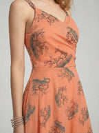 Peach V Neck Animal Print Poly Moss Sleeveless Fit and Flare Dress