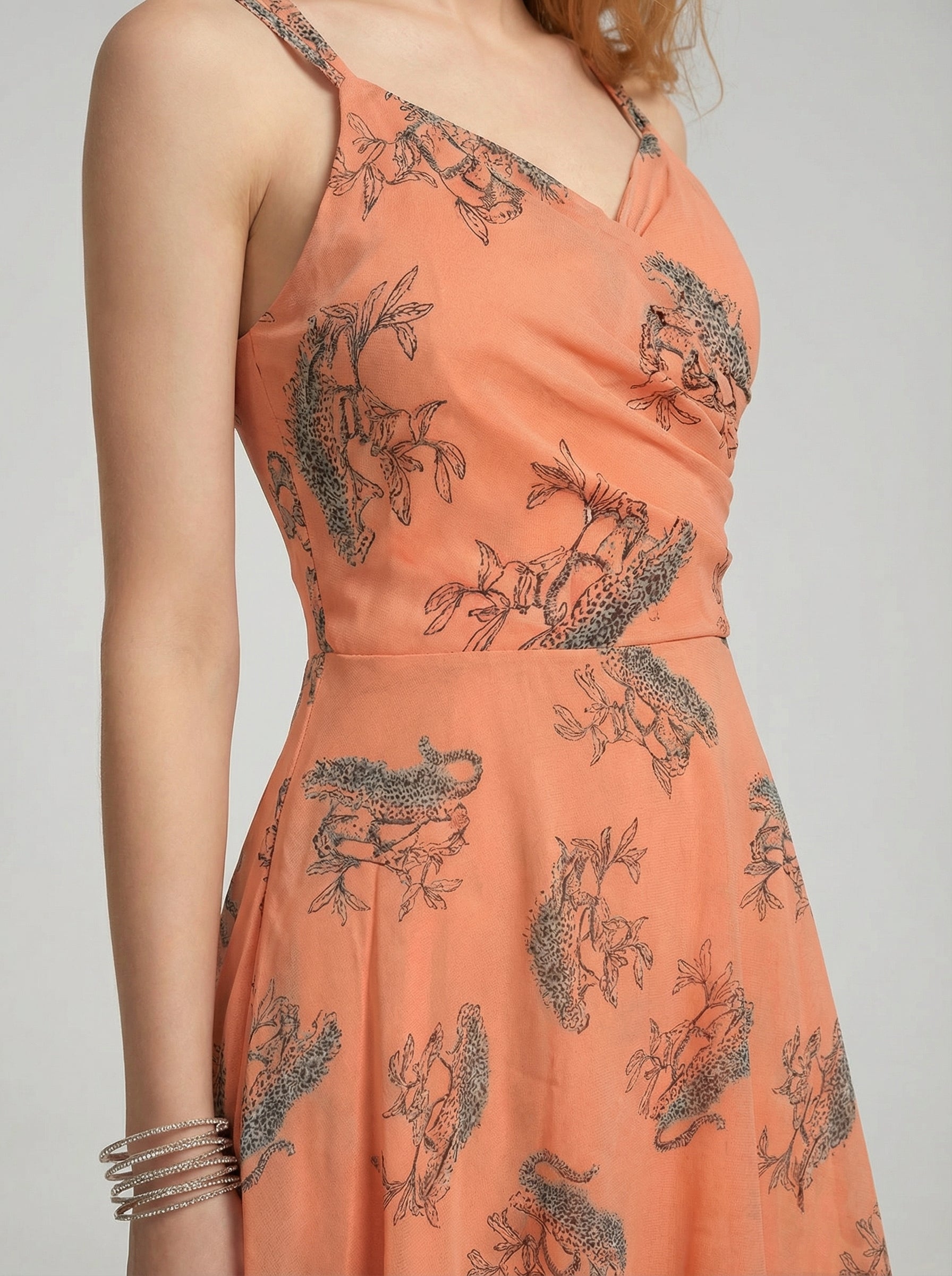 Peach V Neck Animal Print Poly Moss Sleeveless Fit and Flare Dress