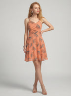 Peach V Neck Animal Print Poly Moss Sleeveless Fit and Flare Dress
