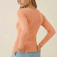 Istyle can Women's Solid Ribbed Knit Sweetheart Neck Long Sleeve Top -Peach