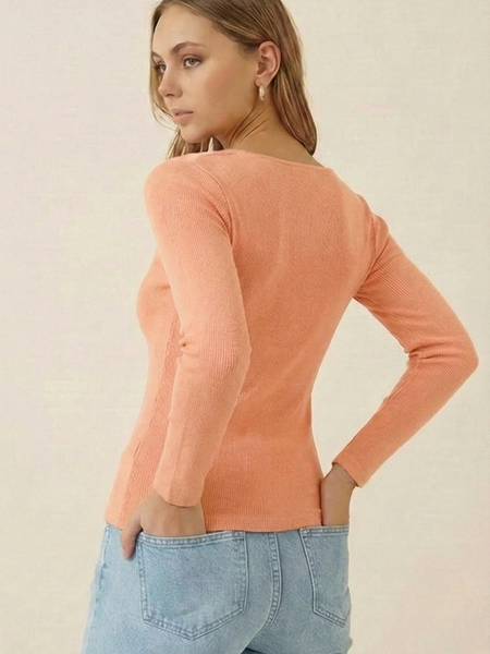 Istyle can Women's Solid Ribbed Knit Sweetheart Neck Long Sleeve Top -Peach