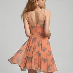 Peach V Neck Animal Print Poly Moss Sleeveless Fit and Flare Dress