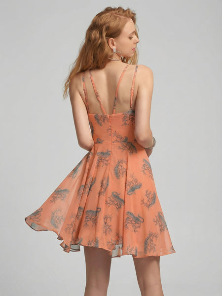 Peach V Neck Animal Print Poly Moss Sleeveless Fit and Flare Dress