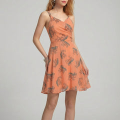 Peach V Neck Animal Print Poly Moss Sleeveless Fit and Flare Dress