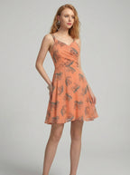 Peach V Neck Animal Print Poly Moss Sleeveless Fit and Flare Dress