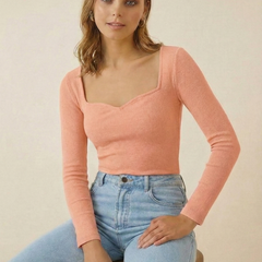 Istyle can Women's Solid Ribbed Knit Sweetheart Neck Long Sleeve Top -Peach