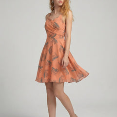 Peach V Neck Animal Print Poly Moss Sleeveless Fit and Flare Dress