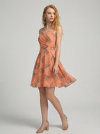 Peach V Neck Animal Print Poly Moss Sleeveless Fit and Flare Dress