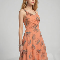 Peach V Neck Animal Print Poly Moss Sleeveless Fit and Flare Dress