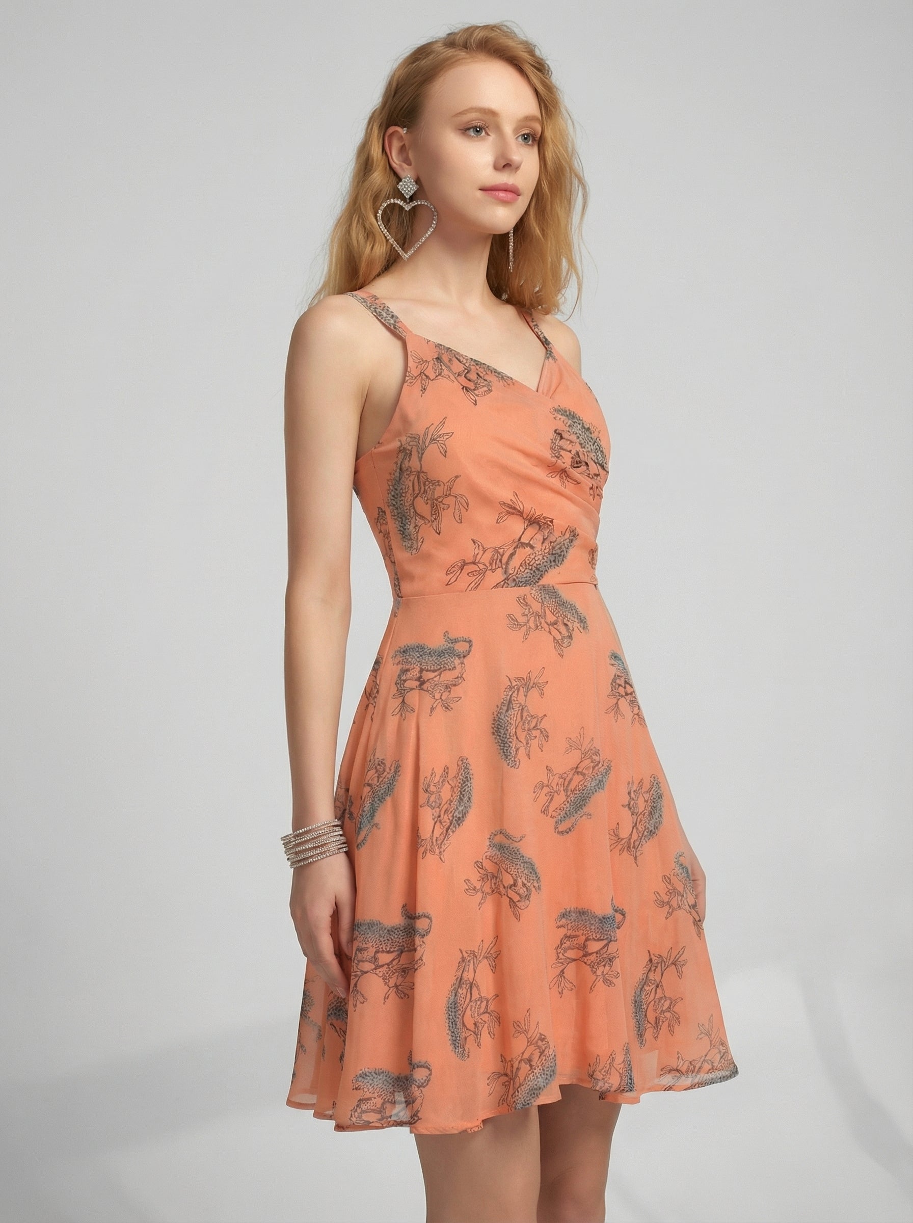 Peach V Neck Animal Print Poly Moss Sleeveless Fit and Flare Dress