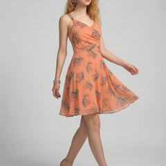 Peach V Neck Animal Print Poly Moss Sleeveless Fit and Flare Dress