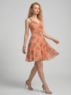 Peach V Neck Animal Print Poly Moss Sleeveless Fit and Flare Dress