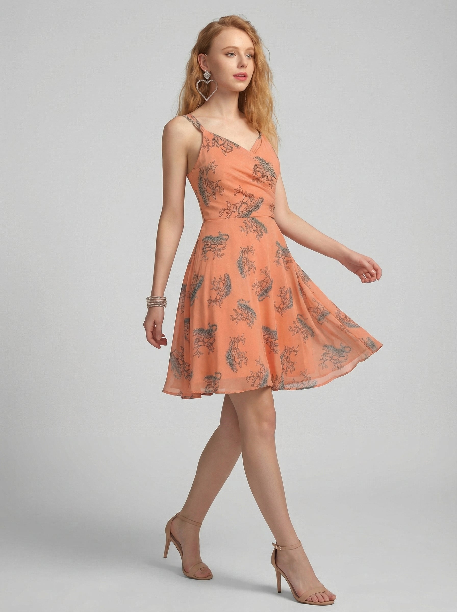 Peach V Neck Animal Print Poly Moss Sleeveless Fit and Flare Dress