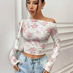 Istyle Can Pink Floral Print Power Net Full Sleeve Asymmetric Collar Pleated Cropped Top My Store