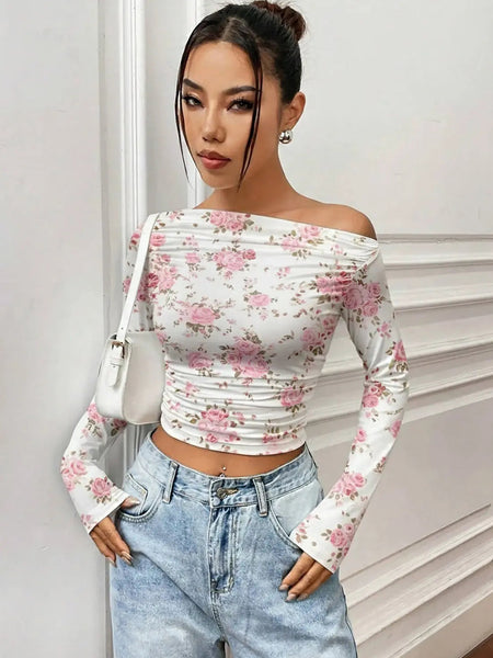 Istyle Can Pink Floral Print Power Net Full Sleeve Asymmetric Collar Pleated Cropped Top My Store