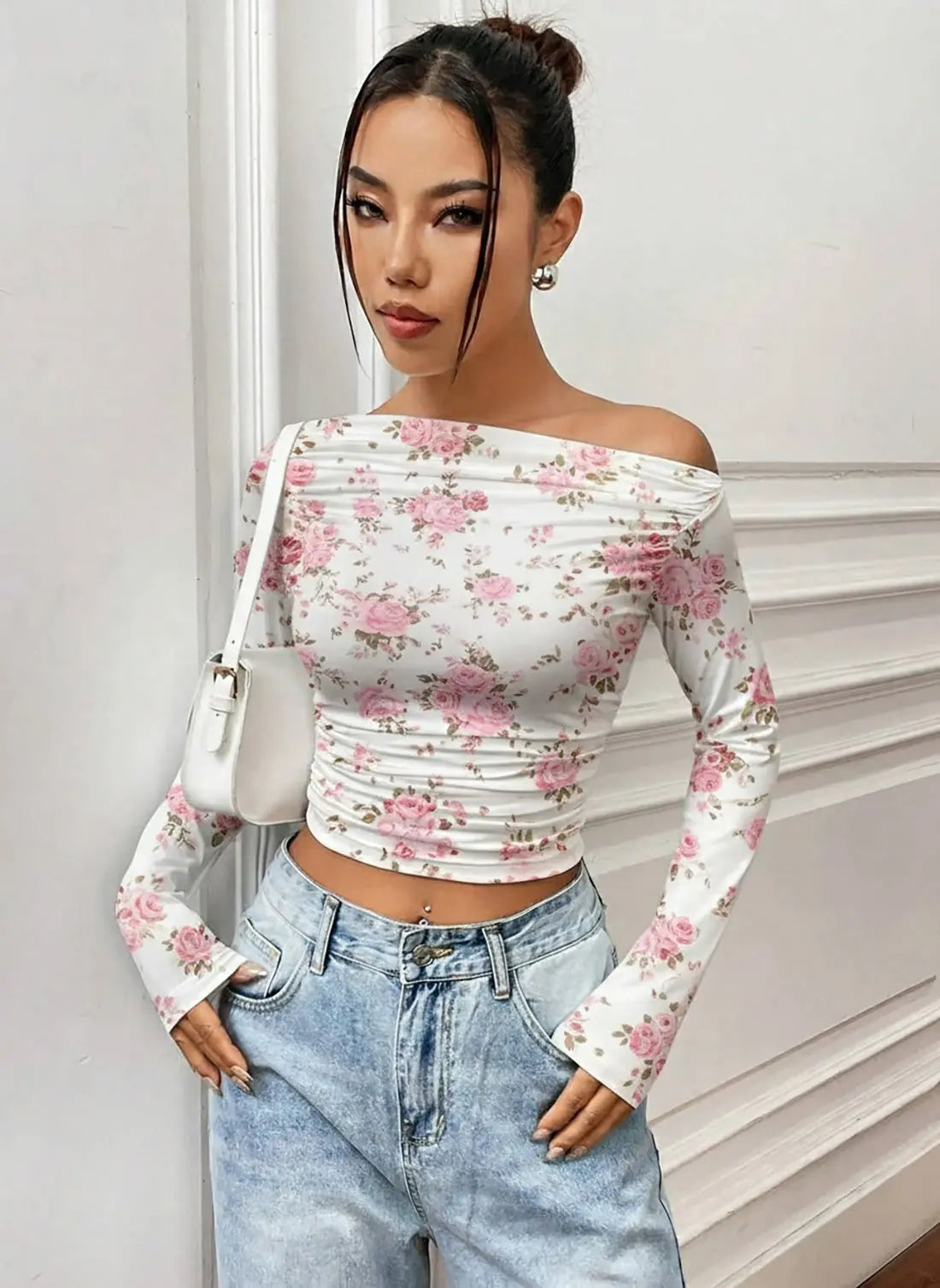 Istyle Can Pink Floral Print Power Net Full Sleeve Asymmetric Collar Pleated Cropped Top Secondary image