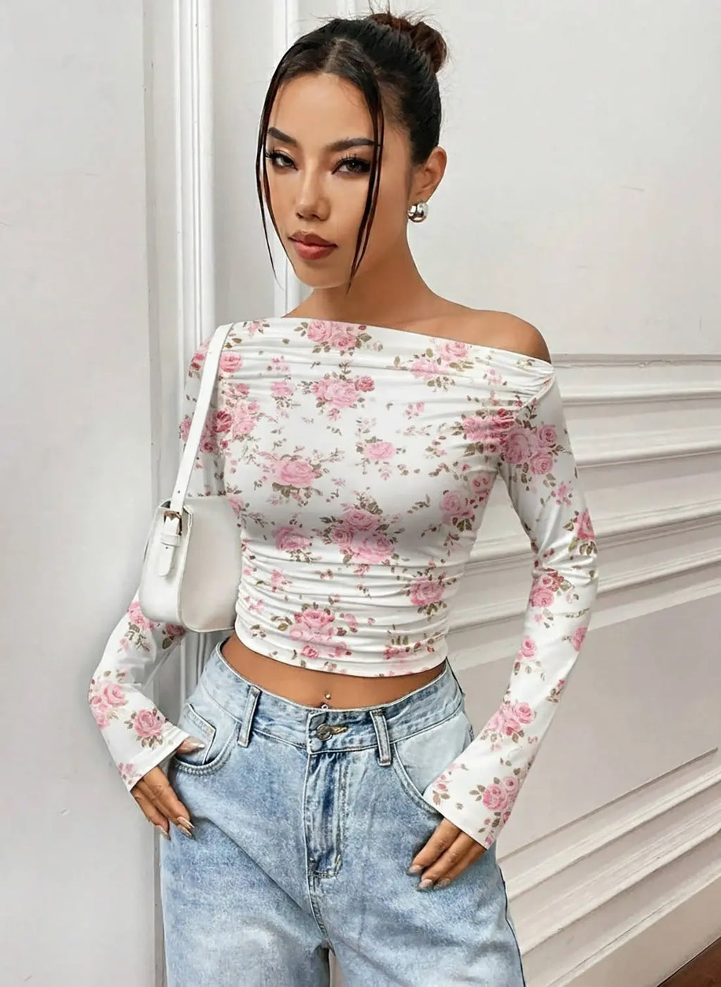 Istyle Can Pink Floral Print Power Net Full Sleeve Asymmetric Collar Pleated Cropped Top My Store