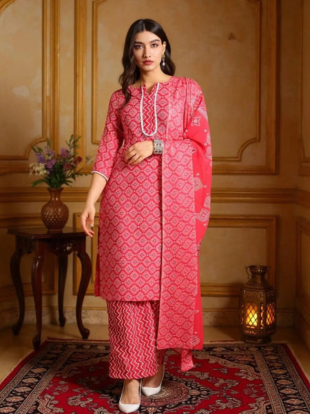 Istyle Can Pink Cotton Printed Kurta Pant Dupatta Set for Women My Store