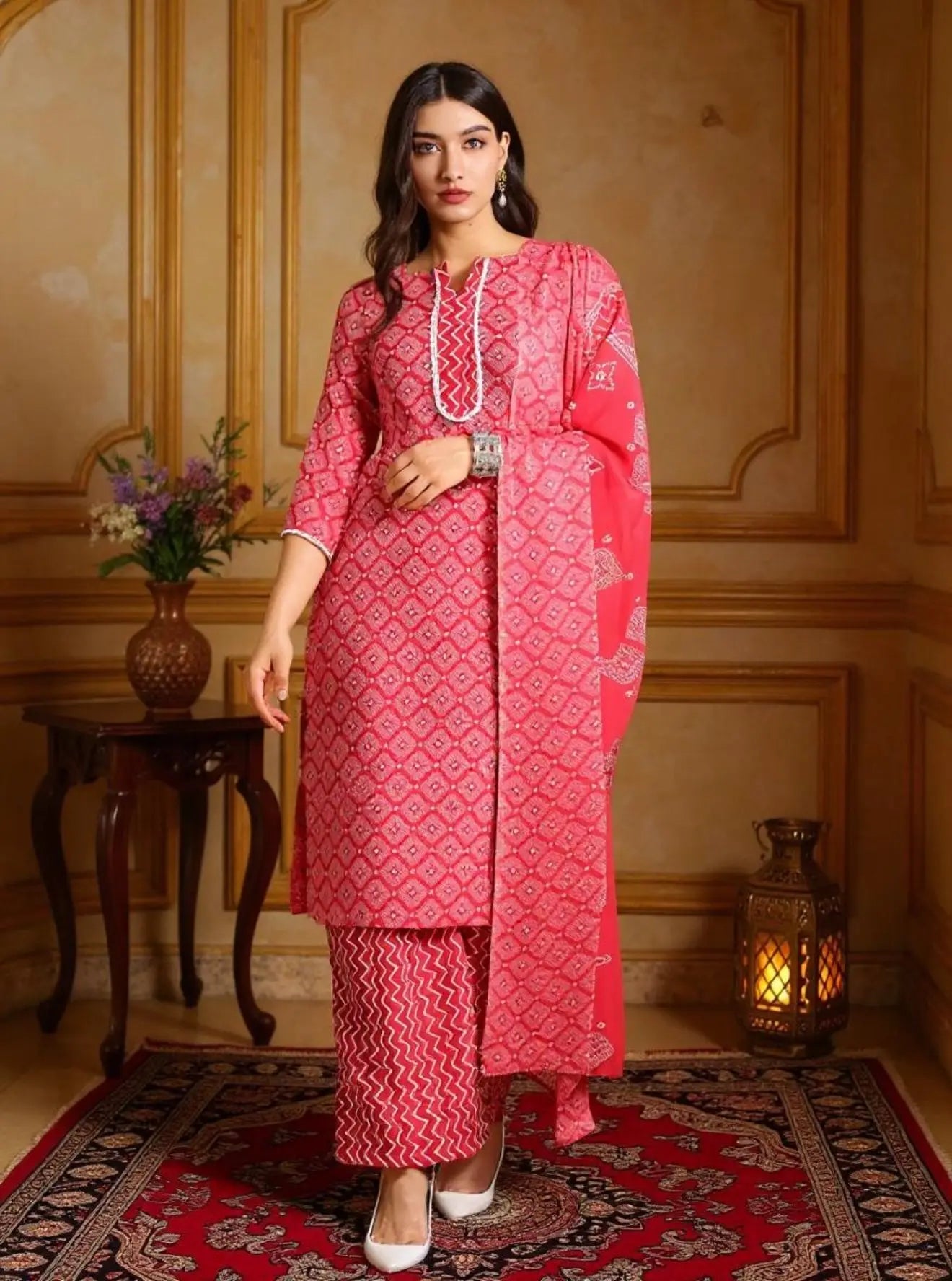 Istyle Can Pink Cotton Printed Kurta Pant Dupatta Set for Women My Store Main image