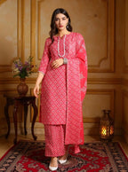 Istyle Can Pink Cotton Printed Kurta Pant Dupatta Set for Women My Store