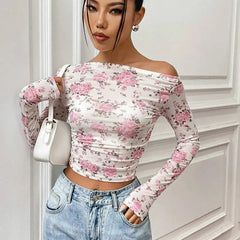 Istyle Can Pink Floral Print Power Net Full Sleeve Asymmetric Collar Pleated Cropped Top My Store