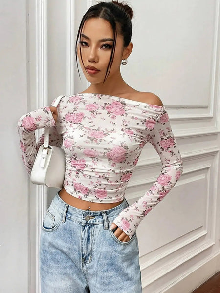 Istyle Can Pink Floral Print Power Net Full Sleeve Asymmetric Collar Pleated Cropped Top My Store