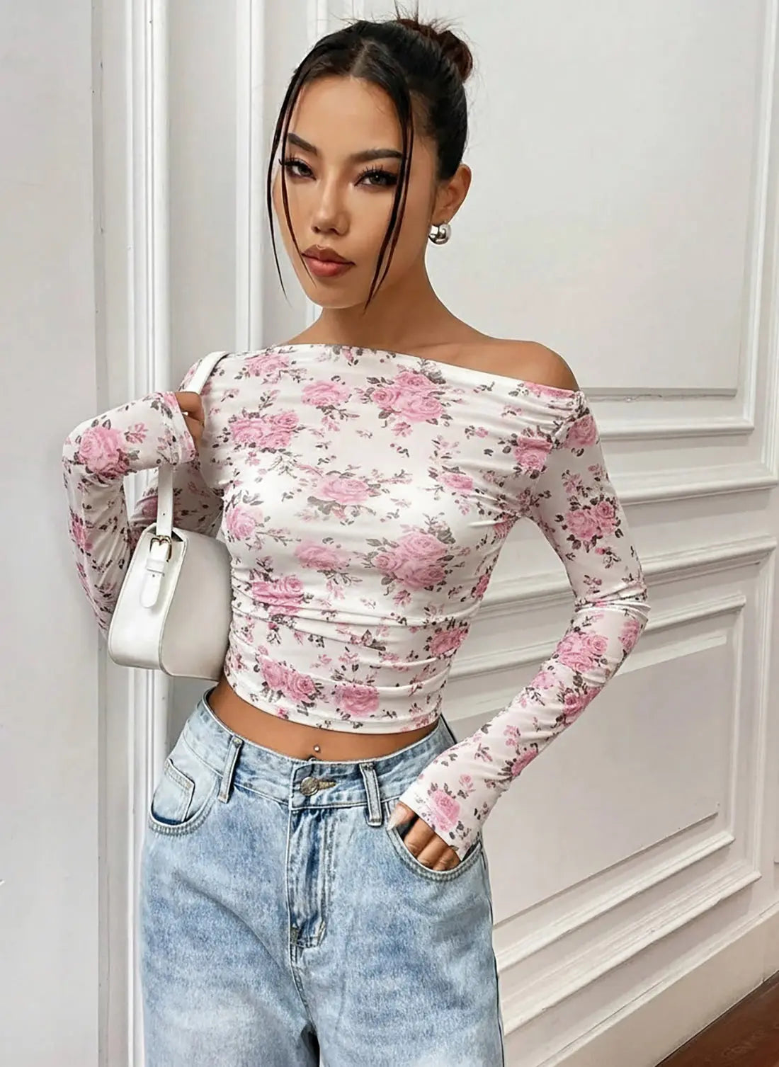 Istyle Can Pink Floral Print Power Net Full Sleeve Asymmetric Collar Pleated Cropped Top My Store